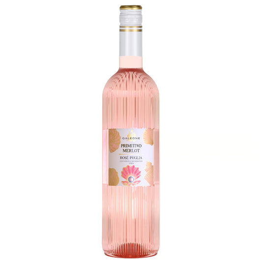 Pink wine bottle with a label on a white background