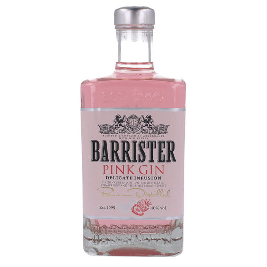 Bottle of Barrister Pink Gin on a white background