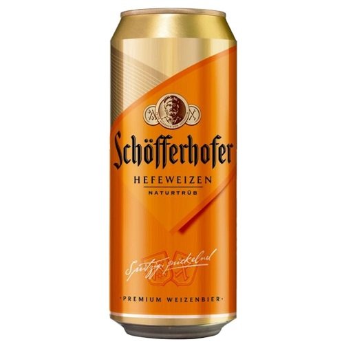 Schöfferhofer beer can with gold and orange design on a white background
