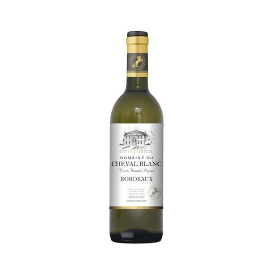 Bottle of Domaine du Cheval Blanc Bordeaux wine on a white background