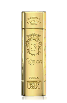 Gold bottle of Kilos Vodka on a white background