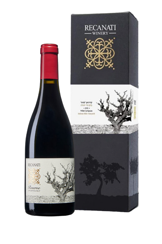 Red wine bottle with matching box from Recanati Winery on a white background