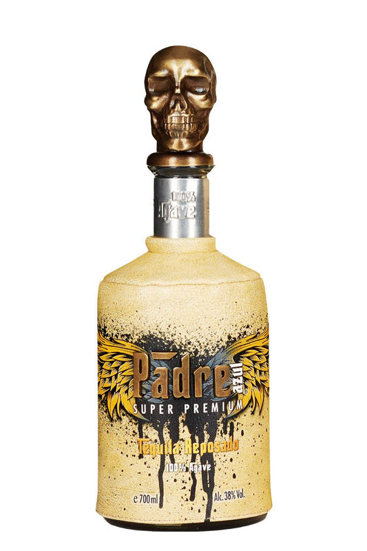 Bottle of Padre tequila with a skull-shaped bottle cap on a white background