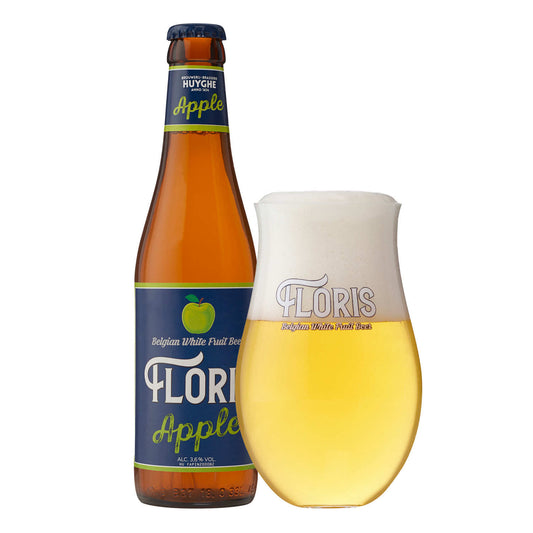 Floris Apple beer bottle and glass on a white background