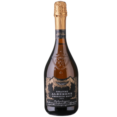 Bottle of Grande Alberone Prosecco Brut on a white background