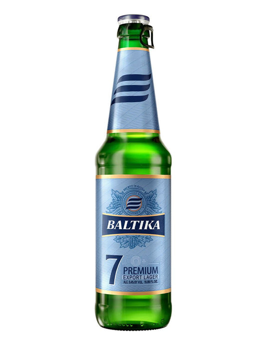 Green Baltika beer bottle with blue label on a white background