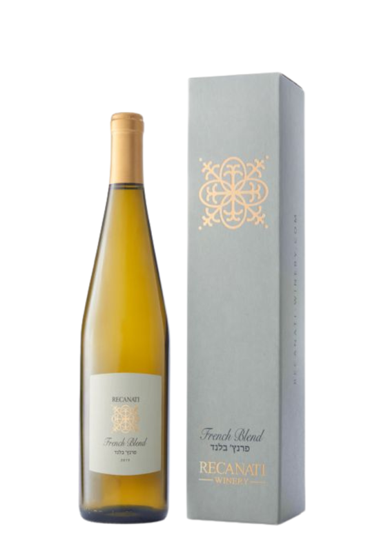 Wine bottle with gold cap and white label next to a matching box on a white background