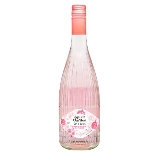 Bottle of Spirit Garden Gin & Tonic with a pink label on a white background