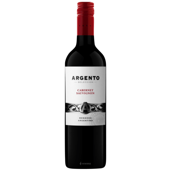 Wine bottle labeled 'Argento' with a red cap on a gray background