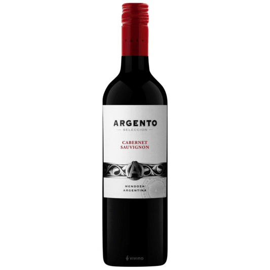 Wine bottle labeled 'Argento' with a red cap on a gray background