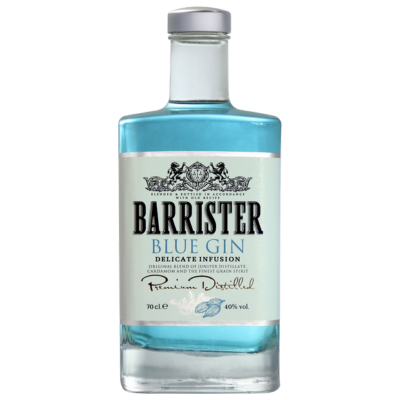 Bottle of Barrister Blue Gin on a white background