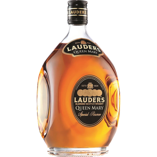 Bottle of Lauders Queen Mary whisky on a white background