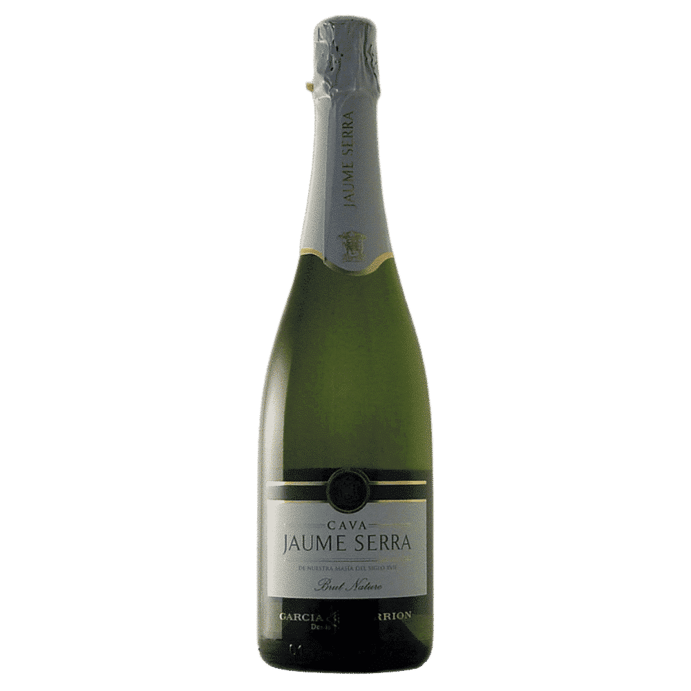 Green wine bottle with 'Jaume Serra' label on a white background