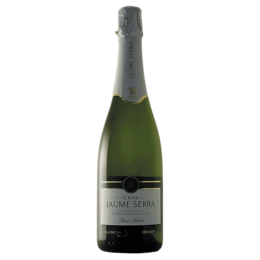 Green wine bottle with 'Jaume Serra' label on a white background