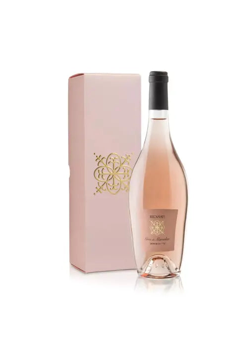Bottle of rose wine with a matching box on a white background