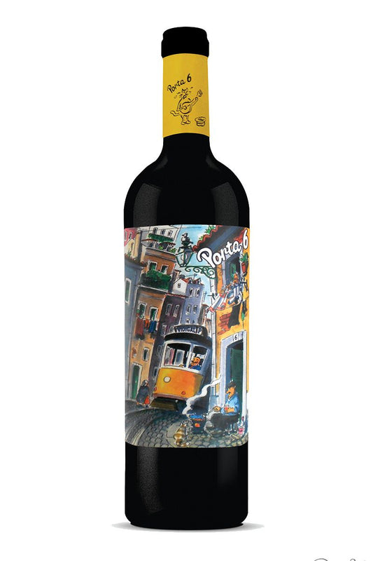 Wine bottle with a colorful label featuring a street scene and 'Porto' branding.
