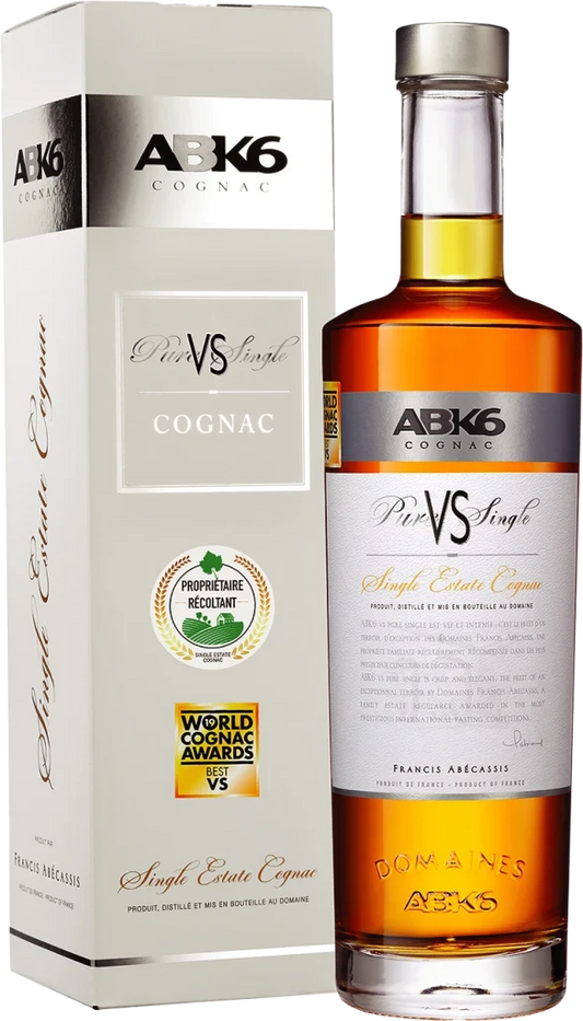 ABK6 Cognac bottle and box with a gold label on a white background