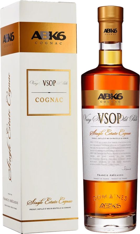 ABK6 VSOP Cognac bottle and box on a white background