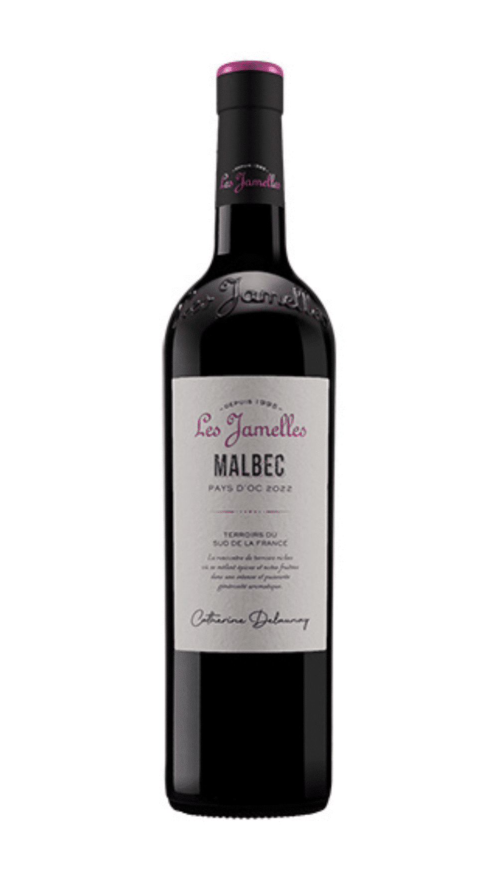 Wine bottle of Les Janelles Malbec on a white background