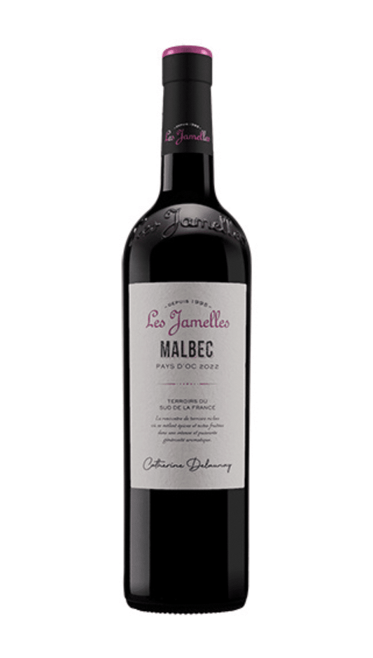 Wine bottle of Les Janelles Malbec on a white background
