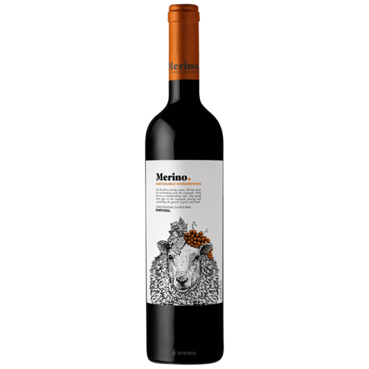 Wine bottle with 'Merino' label featuring a sheep illustration on a white background