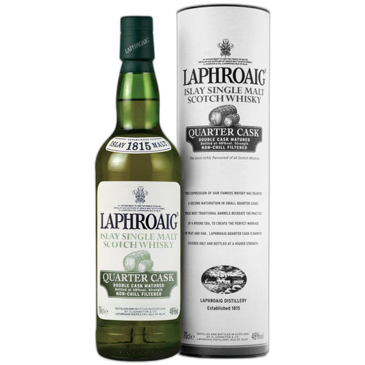 Laphroaig single malt Scotch whisky bottle and packaging on a white background