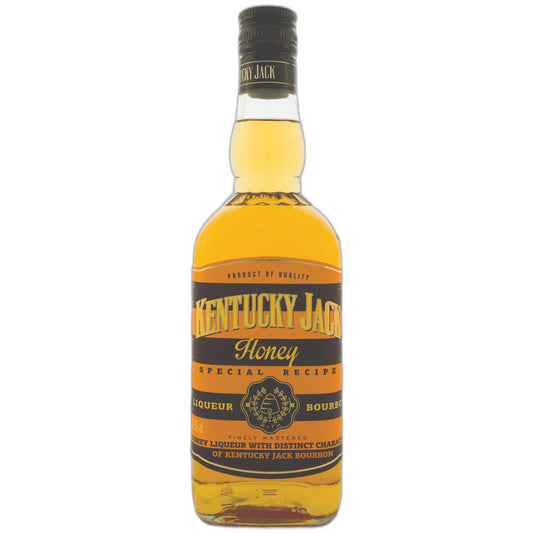 Bottle of Kentucky Jack Honey bourbon on a white background
