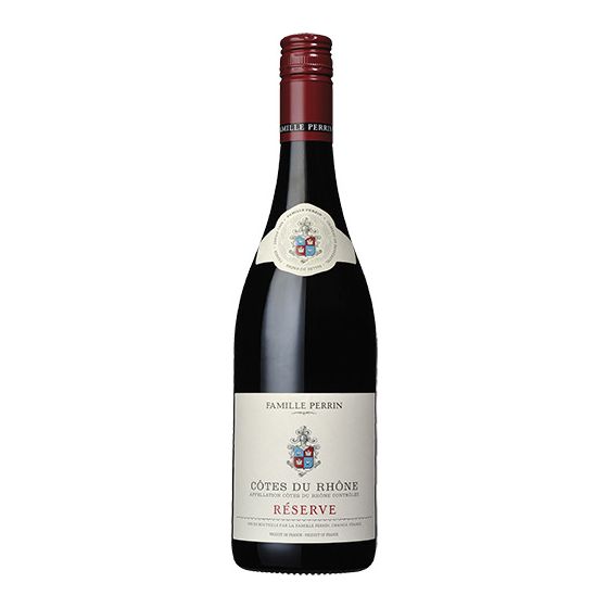 Red wine bottle with a visible label on a white background