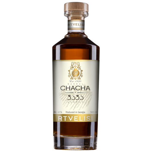 Bottle of Chacha Rtvelisi liquor on a white background