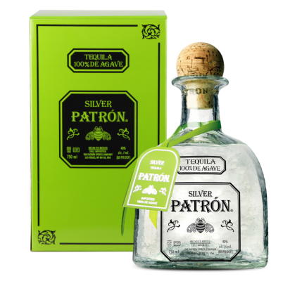 Patron Silver tequila bottle with green box on a white background