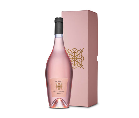 Pink wine bottle with decorative label and matching pink box on a white background