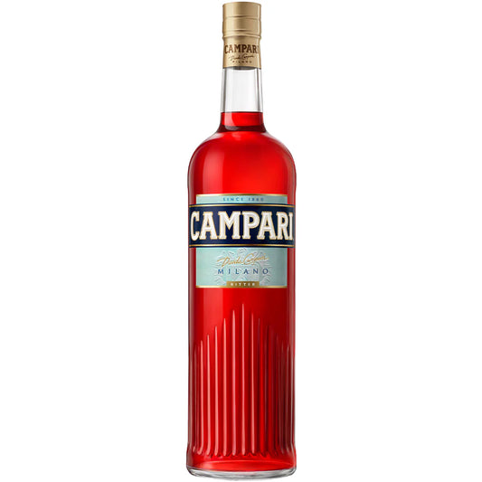 Red Campari bottle with gold cap on a white background