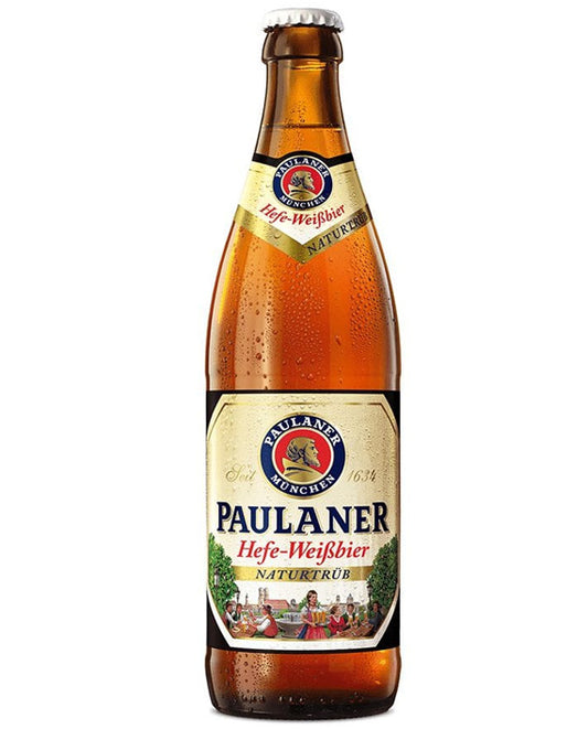 Paulaner beer bottle on a white background