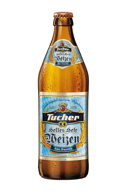 Bottle of Tucher beer with a visible label on a white background