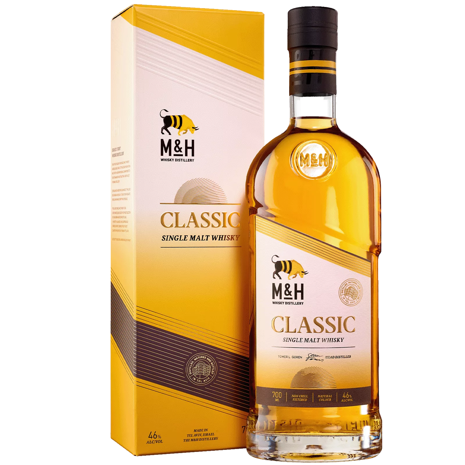 M&H Classic Single Malt Whisky bottle and packaging on a white background