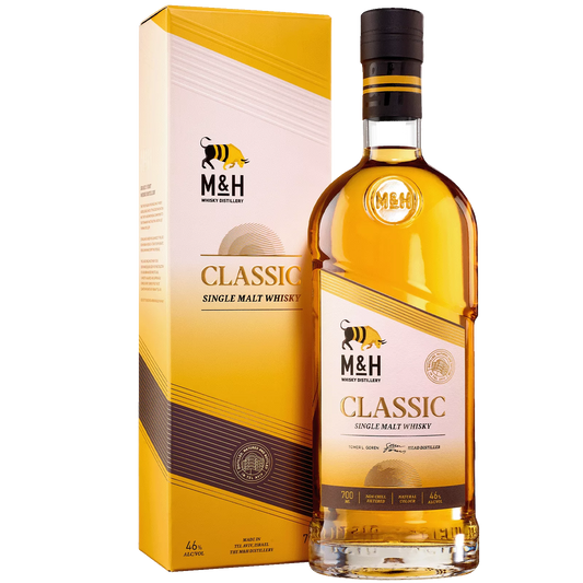 M&H Classic Single Malt Whisky bottle and packaging on a white background