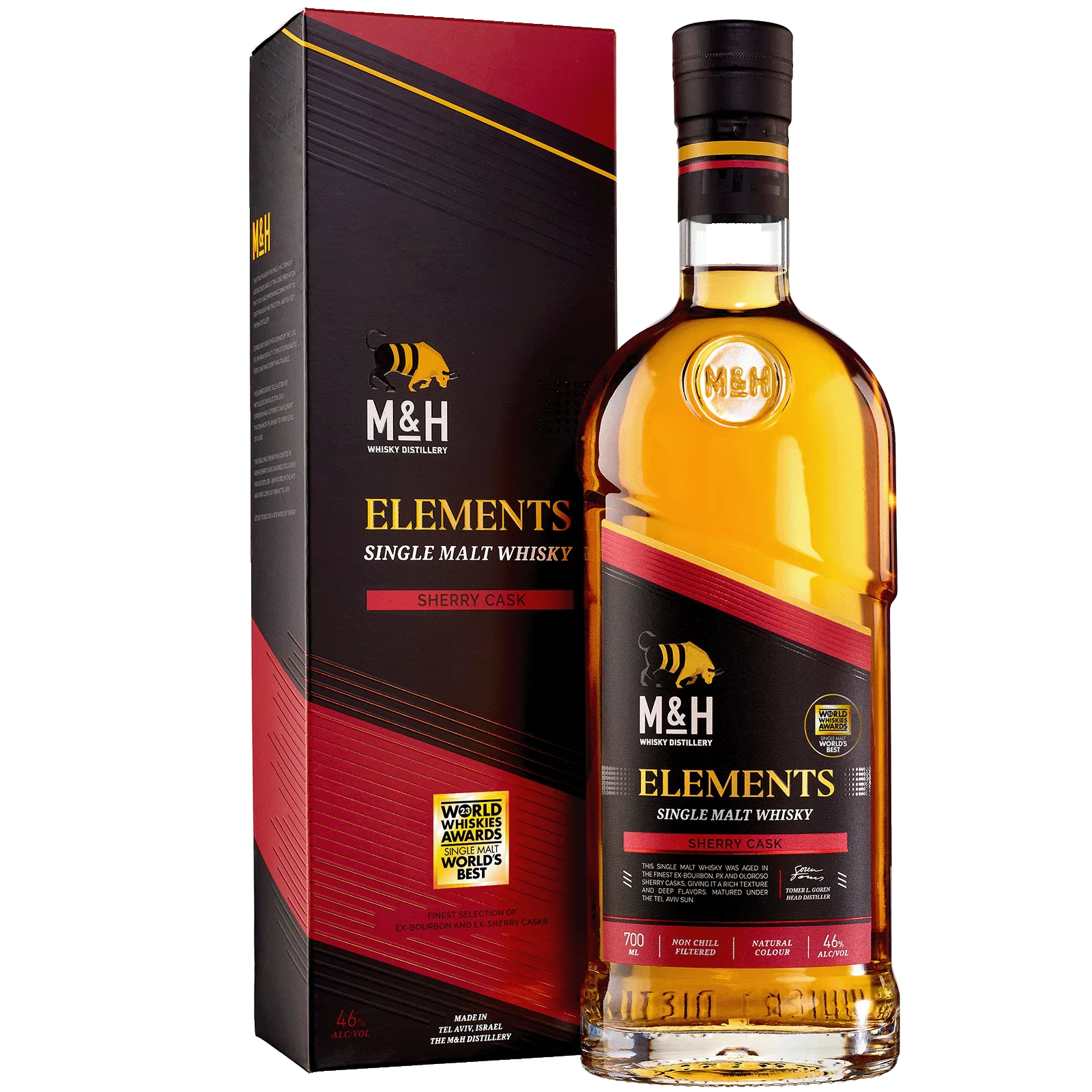 M&H Elements Single Malt Whisky bottle and packaging on a white background
