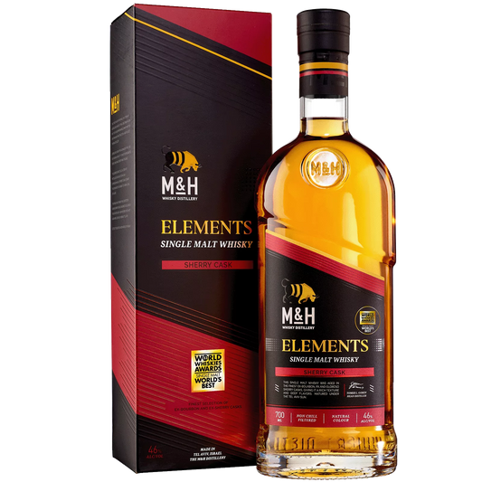 M&H Elements Single Malt Whisky bottle and packaging on a white background