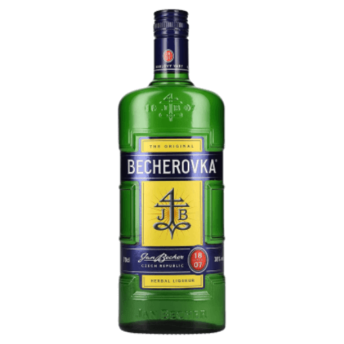 Green bottle of Becherovka on a white background