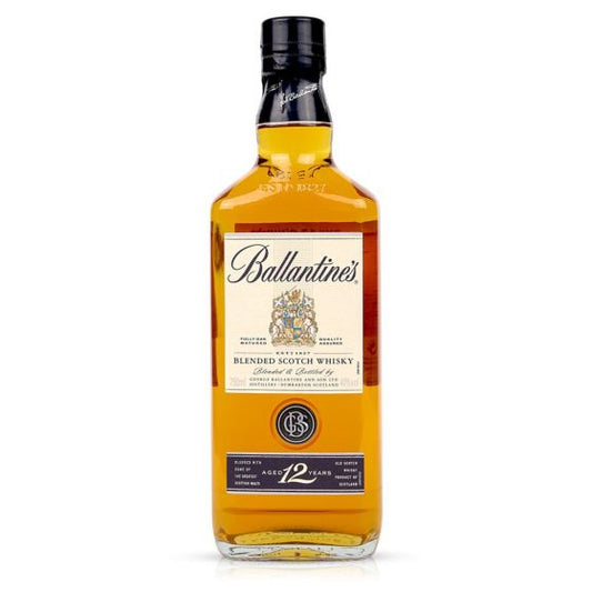 Ballantine's 12-year-old blended Scotch whisky bottle on a white background
