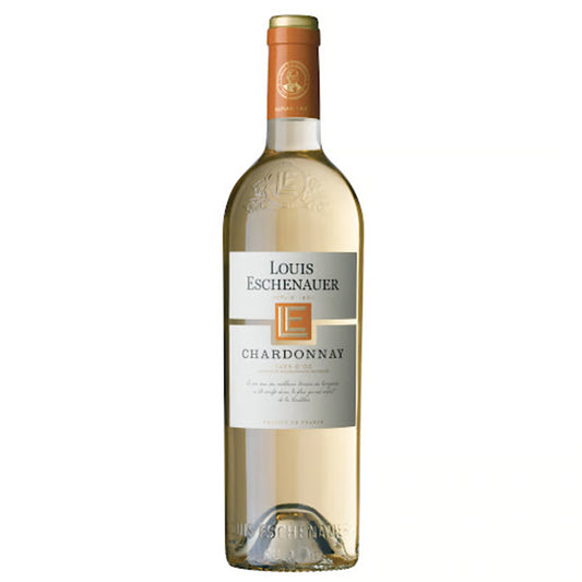 Bottle of Louis Eschenauer Chardonnay wine on a white background