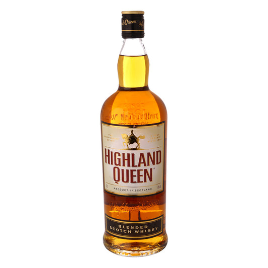 Bottle of Highland Queen Scotch Whisky on a white background