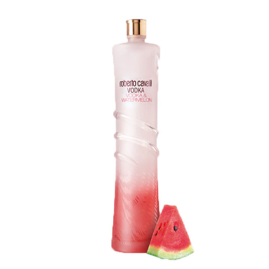 Vodka bottle with watermelon design and a slice of watermelon on a white background