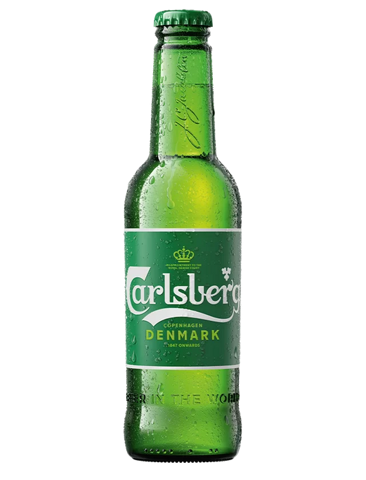 Green Carlsberg beer bottle on a white background
