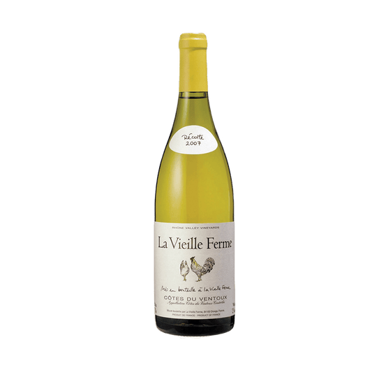 Bottle of La Vieille Ferme white wine on a green background