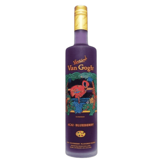 Van Gogh Acai-Blueberry flavored vodka bottle on a green background