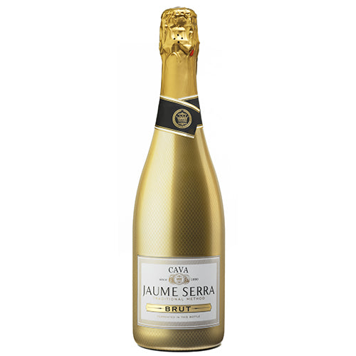 Gold champagne bottle with Jaume Serra label on a white background