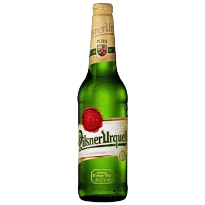 Green beer bottle with Pilsner Urquell label on a white background