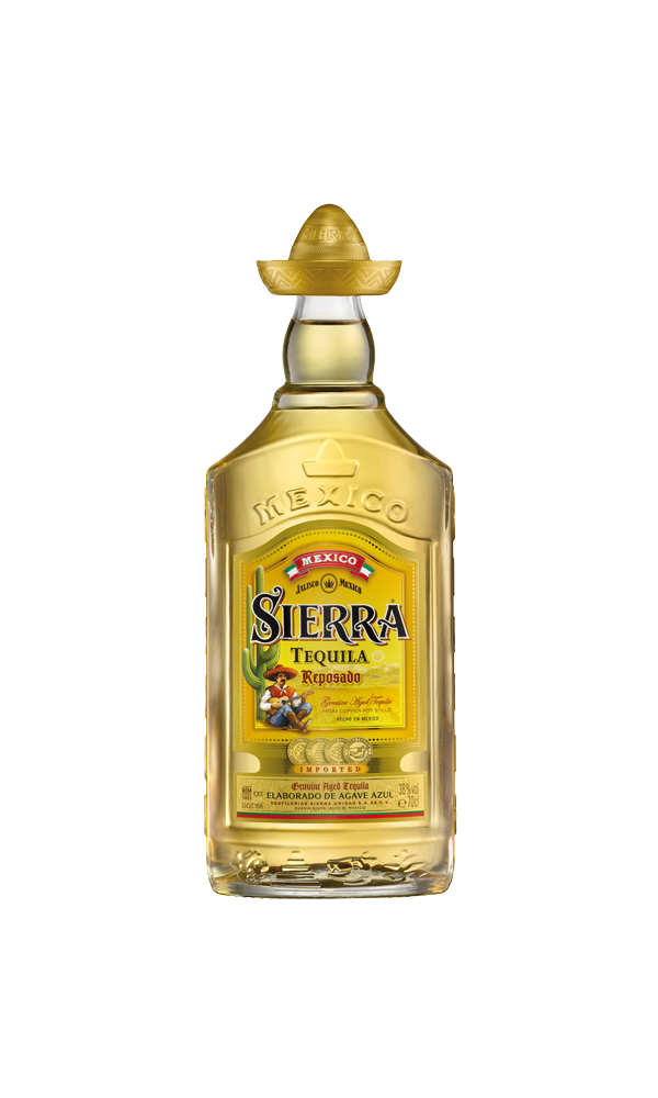 Sierra Tequila bottle with a sombrero on a white background