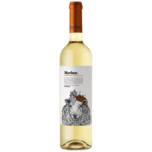 Wine bottle labeled 'Merino' with a sheep illustration on a gray background